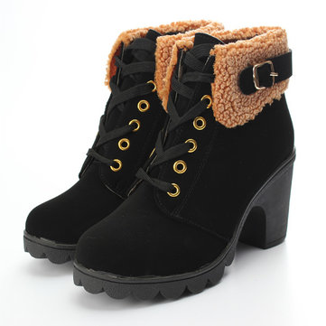 womens fausse fourrure à lacets bottes hautes chaussures talons chunky